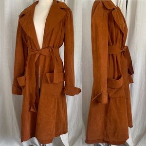 vintage 1970s faux suede orange copper brown belted trench coat